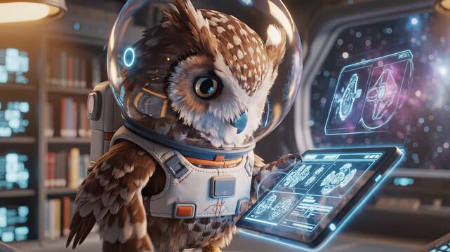Owl in astronaut suit interacts with holographic display inside a futuristic spacecraft, surrounded by bookshelves and a starry galaxy view through the window