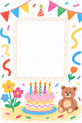 Fototapeta premium Vibrant birthday scene with a smiling teddy bear, colorful cake with lit candles, surrounded by flowers, confetti, and festive bunting on a white background.