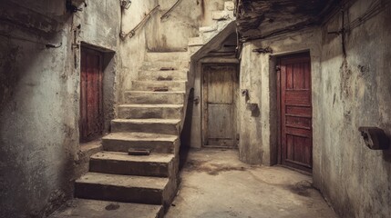 Fototapeta premium Interior of a dark abandoned basement with old stone stairs and weathered wooden doors