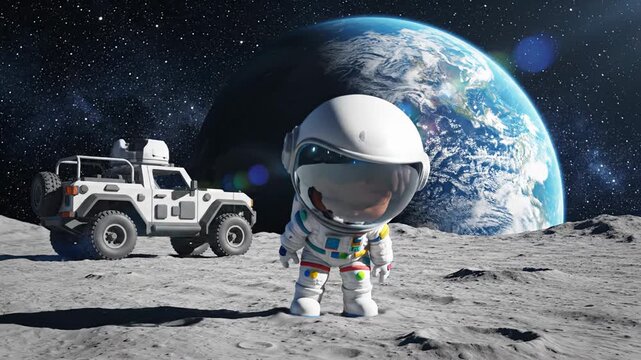 Cartoon astronaut character with a friendly expression stands on the moon, showcasing a lunar landscape and Earth in the background, with a lunar rover nearby