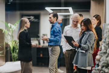 Obraz premium A diverse team collaborates as one member reviews a tablet in a contemporary office lobby, with a Christmas tree in view.