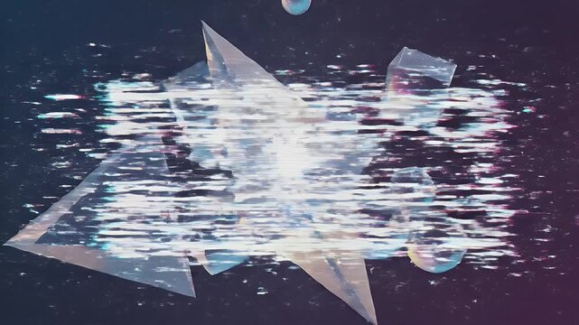 Abstract explosion of iridescent, angular shapes and spheres against a dark, speckled background