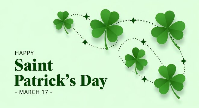 A green background with a green clover and the words Happy Saint Patrick's Day. The date is March 17