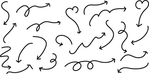 Collection of hand drawn arrows and swirling lines in black on white background