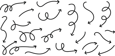 Collection of hand drawn arrows with various curved and twisted designs