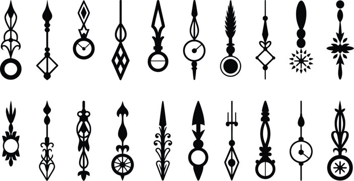 A collection of ornate black decorative design elements and flourishes resembling vintage clock components and spires high-quality professional detailed modern