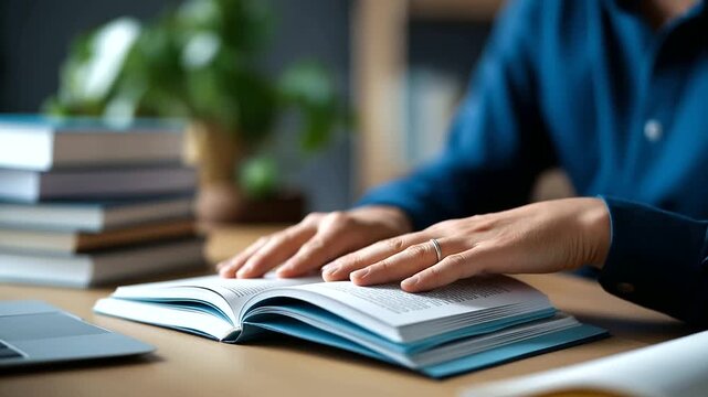 Faceless student hands with books studying on home desk thinking reading college work person learning focused information education knowledge law research defocused workspace