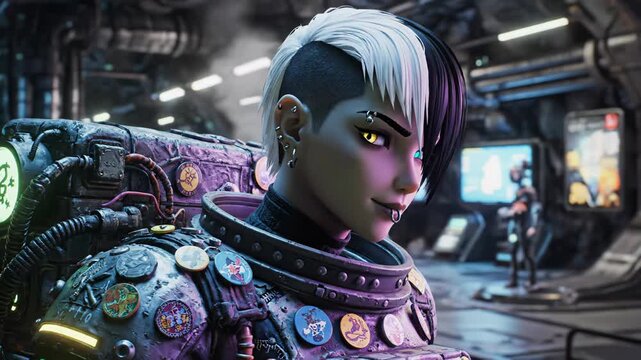 Futuristic female character with half-shaved hairstyle and colorful badges gazes thoughtfully in a sci-fi environment with illuminated machinery and pipes visible in the background