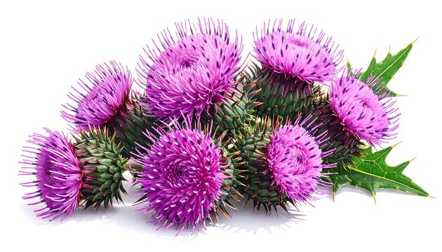 Beautiful isolated purple scottish thistle flower heads on white background