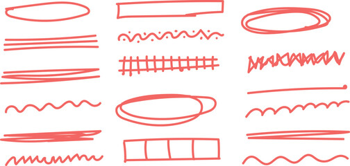 Collection of various red hand drawn lines and shapes on a white background