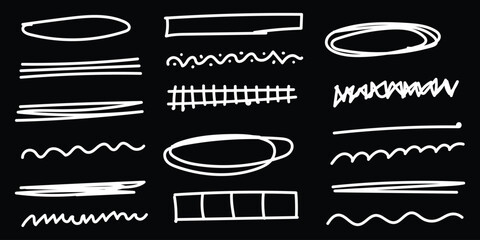 Collection of various white line patterns and shapes on a black background