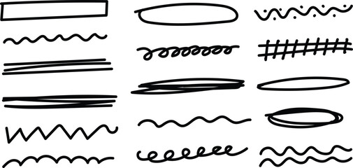 Collection of hand drawn lines and shapes in various styles and patterns