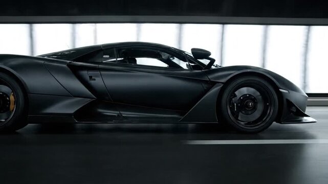 Sleek black sports car showcased in modern indoor setting from side viewpoint