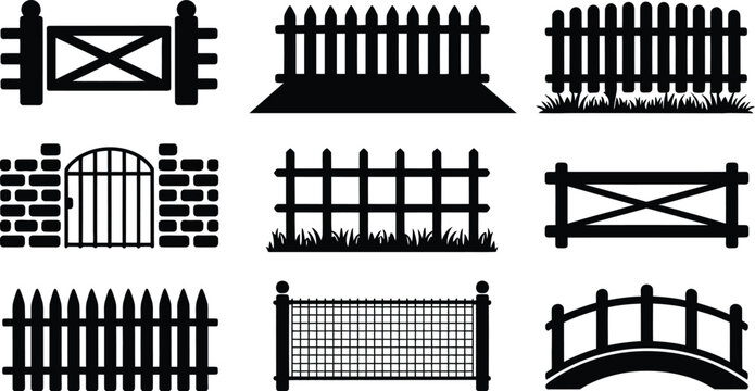 A collection of various black silhouette fence designs and a small arched garden gate illustration high-quality professional detailed modern elegant