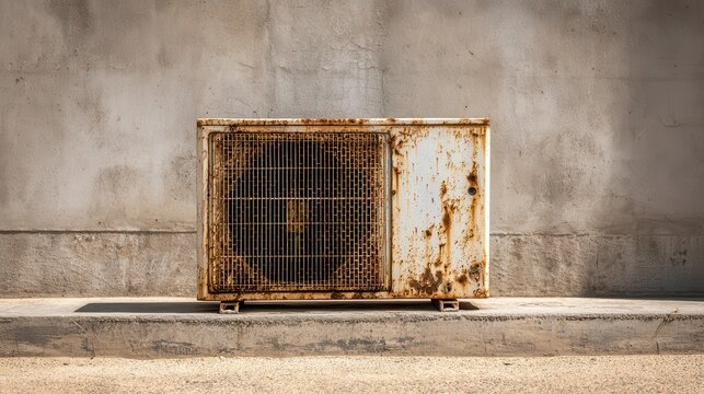 Old rusty air conditioning unit outdoors against a weathered concrete wall