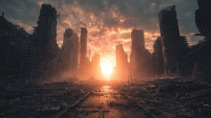 Post-apocalyptic city ruins with destroyed skyscrapers at sunset in a dystopian urban landscape