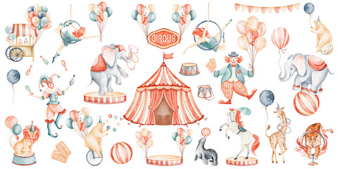 Collection of circus animals and artists in cartoon style. Isolated elements with clown, juggler, aerialist, balloons and circus dome. Clipart for kids design, birthday and holiday. © Elena
