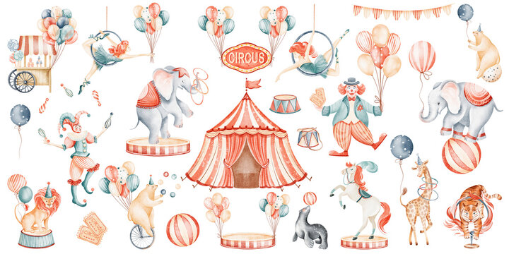 Collection of circus animals and artists in cartoon style. Isolated elements with clown, juggler, aerialist, balloons and circus dome. Clipart for kids design, birthday and holiday.