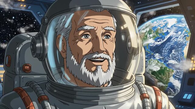 Elderly male astronaut with gray beard and mustache smiles while gazing at Earth from spacecraft window, showcasing the beauty of space and distant planet