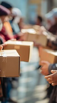 Cardboard box donation exchange volunteer hands community aid cardboard parcel people passing package humanitarian support food relief charity