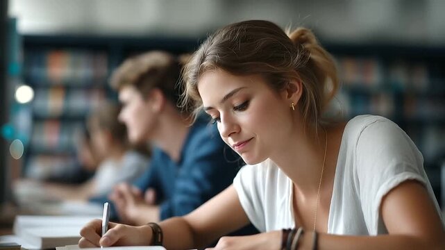 Faceless focused college students studying together library young people sit read book write notes exam preparation academic learning knowledge defocused library setting with