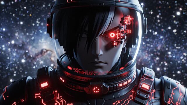 Futuristic male astronaut with cybernetic enhancements gazes intensely into the cosmos, illuminated by vibrant red lights against a backdrop of stars and galaxies