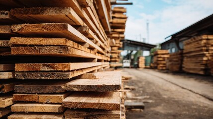 Stacks of processed wooden planks and lumber at an outdoor industrial sawmill facility