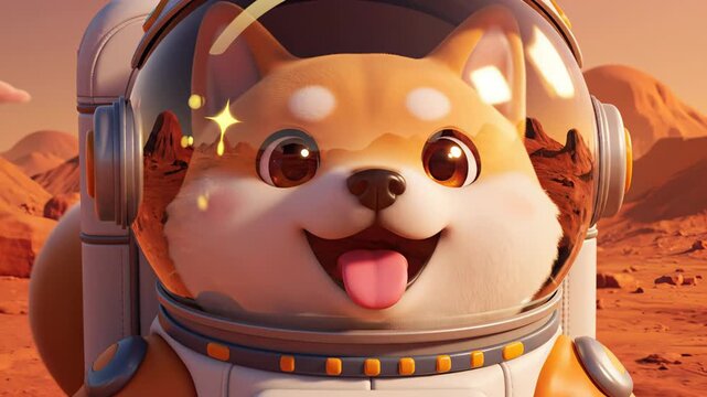 Cartoon dog in astronaut suit smiles joyfully with a sparkling expression, set against a vibrant Martian landscape with red rocks and distant mountains