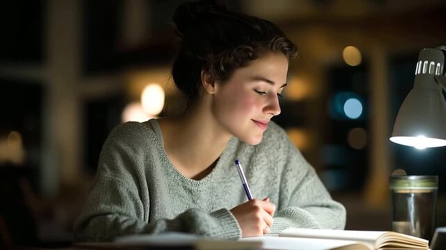 Lifestyle portrait daily life home nighttime study session desk lamp focused student open notebook handwritten notes authentic dedication defocused room background with copy