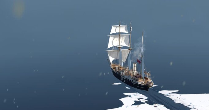 Historic polar exploration ship handcrafted interpretation of Endurance 3D render based on historical data view from back breaking out of an iceberg steady camera