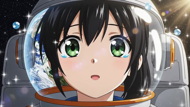 Young female astronaut with black hair and green eyes expresses emotions while gazing at Earth from her helmet in outer space, illuminated by sunlight and stars