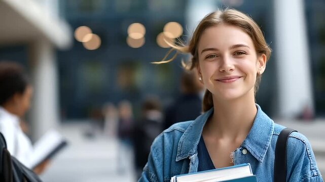 Faceless happy books student with friends at school college university outdoor learning education scholarship group young students studying academy defocused campus background