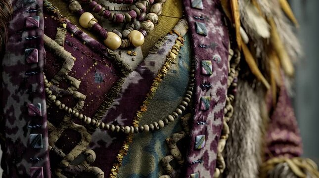 Beaded tribal necklace layered over textured fabric vest and textile garments with feather details, embroidery stitch and layered patchwork conveying