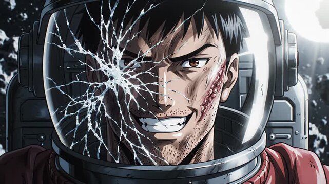 Male astronaut with a cracked helmet gazes intensely into space, showcasing visible scars and expressions of determination against a backdrop of asteroids and celestial bodies