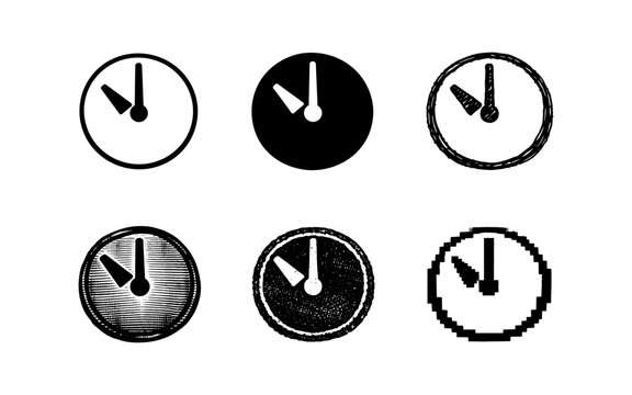 Collection of six diverse clock face icons representing different artistic styles and digital formats