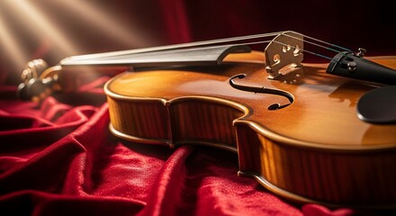 Obraz premium Violin on Red Velvet Fabric Closeup.