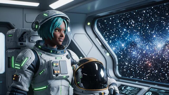 Female astronaut with teal hair smiles while holding a space helmet inside a spacecraft, with a starry galaxy visible through the window