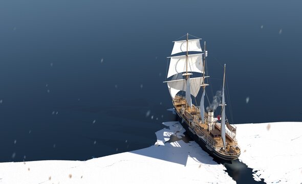 Historic polar exploration ship handcrafted interpretation of Endurance 3D render based on historical data view from back breaking out of an iceberg steady camera