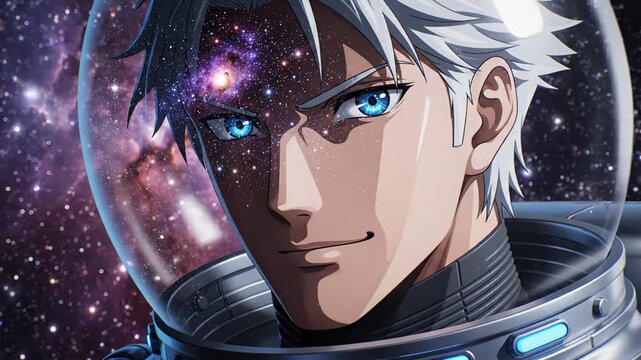 Male astronaut with silver hair and blue eyes gazes confidently, showcasing a cosmic background with stars and galaxies visible through his helmet in a space-themed illustration