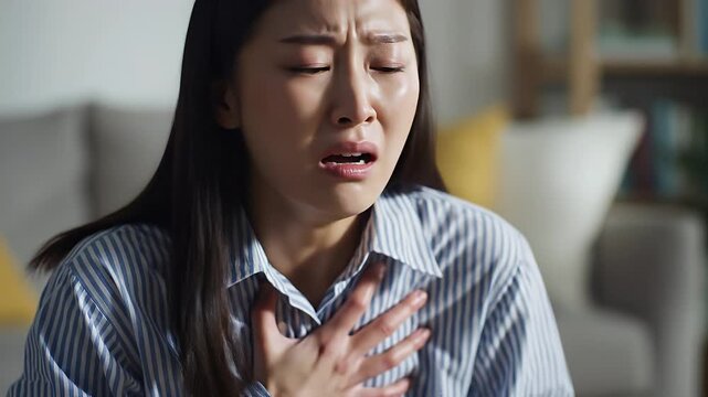 Young Woman Experiences Sudden Chest Pain or Breathing Difficulty at Home
