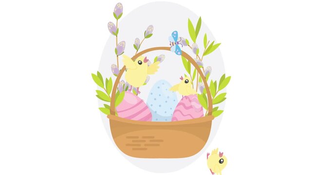 easter basket with eggs and flowers with cute yellow chicks