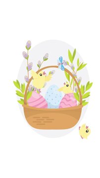 Happy Easter vector animation with cute yellow chicks in a basket filled with colorful eggs, playfully catching a butterfly.