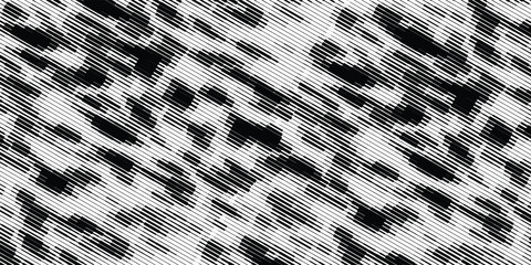 Black white optical illusion background with striped lines and warped dot clusters, experimental graphic design