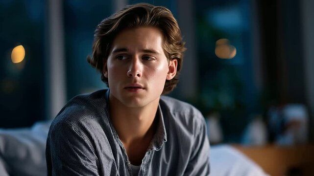 Faceless tired young student yawning with mouth open sitting alone on bed dim bedroom at night sleepy exhausted appearance insomnia fatigue depiction defocused room background