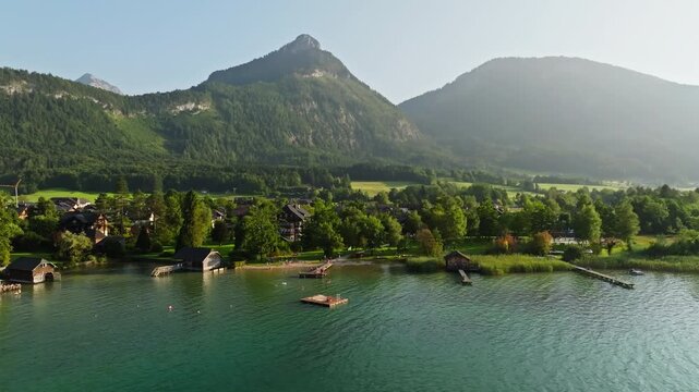 Aerial view landscape Wolfgangsee Austria. Beautiful mountains, alpine mountain ranges.