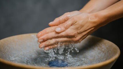 Woman Rinsing Hands Under Running Water in Ceramic Sink
