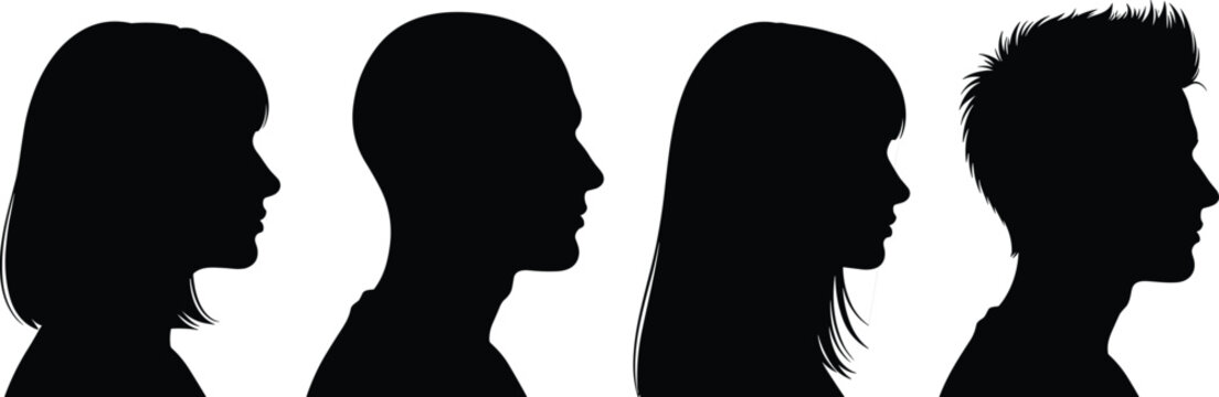 Human head profile silhouette collection with male and female side views isolated on white background, black vector avatars for identity, diversity and character design