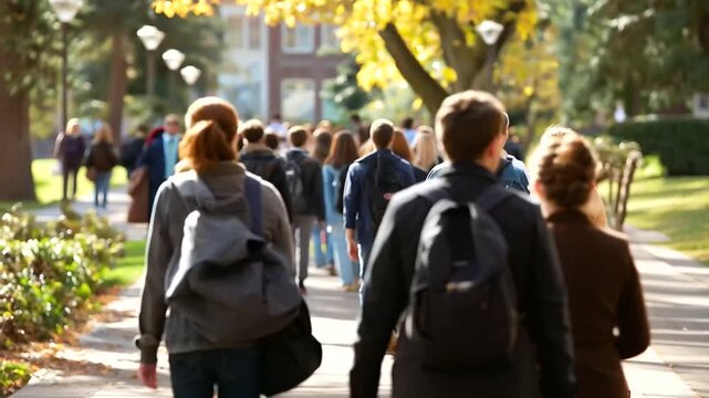 Crowd of faceless students walking through college campus sunny day motion blur academic life activity educational facility movement university environment bustle defocused