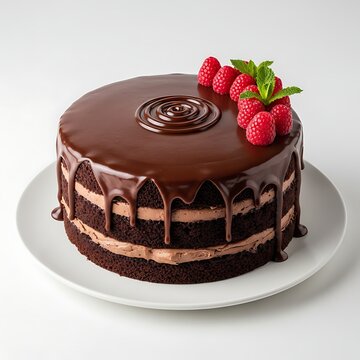 A decadent chocolate cake with chocolate frosting and fresh raspberries on top