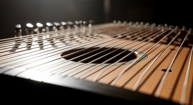 Close-up of a Dulcimer Instrument Strings.